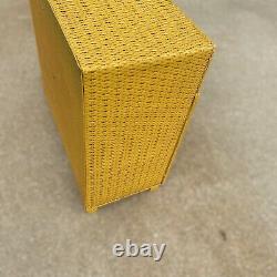 Antique Wicker Cabinet Bright Mustard Yellow with Owl Pulls Shelves and Drawers