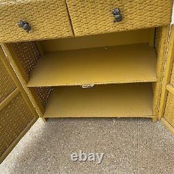 Antique Wicker Cabinet Bright Mustard Yellow with Owl Pulls Shelves and Drawers