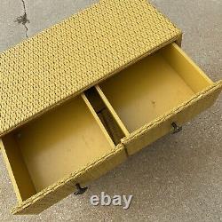 Antique Wicker Cabinet Bright Mustard Yellow with Owl Pulls Shelves and Drawers