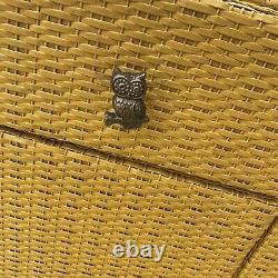 Antique Wicker Cabinet Bright Mustard Yellow with Owl Pulls Shelves and Drawers