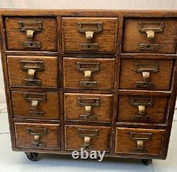 Antique Wood 19 x 19 x 16 Oak 12 Drawer Library Card Catalog Cabinet RARE