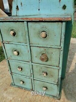 Antique Wood 8 Drawer Spice Apothecary Wall Cabinet Box Orginal Primitive Paint