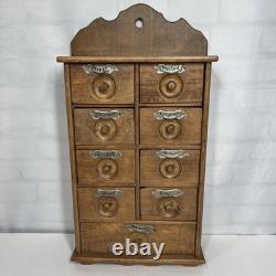 Antique Wood Apothecary Spice Cabinet 9 Metal Labeled Drawers 18.5 x 10