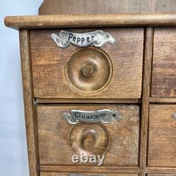 Antique Wood Apothecary Spice Cabinet 9 Metal Labeled Drawers 18.5 x 10