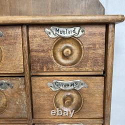 Antique Wood Apothecary Spice Cabinet 9 Metal Labeled Drawers 18.5 x 10