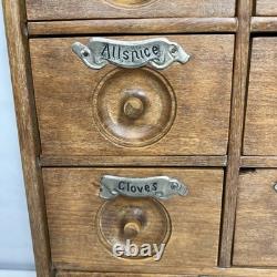 Antique Wood Apothecary Spice Cabinet 9 Metal Labeled Drawers 18.5 x 10