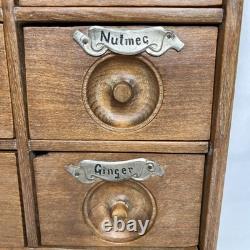 Antique Wood Apothecary Spice Cabinet 9 Metal Labeled Drawers 18.5 x 10