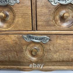 Antique Wood Apothecary Spice Cabinet 9 Metal Labeled Drawers 18.5 x 10