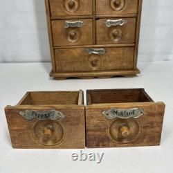 Antique Wood Apothecary Spice Cabinet 9 Metal Labeled Drawers 18.5 x 10