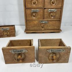 Antique Wood Apothecary Spice Cabinet 9 Metal Labeled Drawers 18.5 x 10