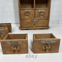 Antique Wood Apothecary Spice Cabinet 9 Metal Labeled Drawers 18.5 x 10
