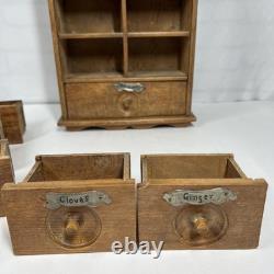 Antique Wood Apothecary Spice Cabinet 9 Metal Labeled Drawers 18.5 x 10