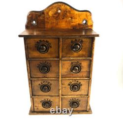 Antique Wood Apothecary Spice Cabinet Primitive 8 Labeled Drawers 17 x 11