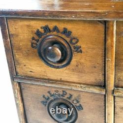 Antique Wood Apothecary Spice Cabinet Primitive 8 Labeled Drawers 17 x 11