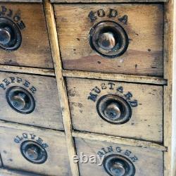 Antique Wood Apothecary Spice Cabinet Primitive 8 Labeled Drawers 17 x 11