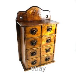 Antique Wood Apothecary Spice Cabinet Primitive 8 Labeled Drawers 17 x 11