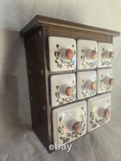 Antique Wood/Ceramic Apothecary Spice Cabinet 8 Drawers