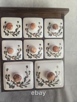 Antique Wood/Ceramic Apothecary Spice Cabinet 8 Drawers