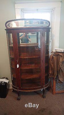 Antique Wood China Curved Glass Front Shelved Cabinet