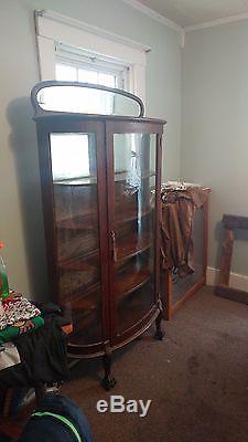 Antique Wood China Curved Glass Front Shelved Cabinet