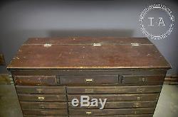 Antique Wooden 17 Drawer Flip Top Storage Map Cabinet