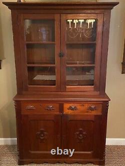 Antique Wooden Cherry Stepback Cupboard 2 Piece