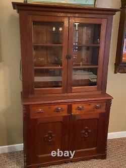 Antique Wooden Cherry Stepback Cupboard 2 Piece