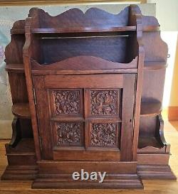 Antique Wooden Hanging Wall Cabinet With Carved Panels