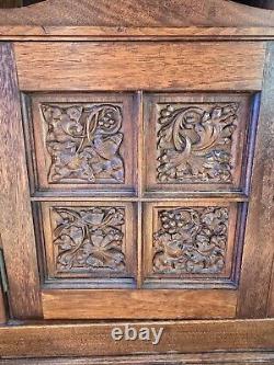 Antique Wooden Hanging Wall Cabinet With Carved Panels