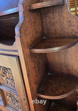 Antique Wooden Hanging Wall Cabinet With Carved Panels