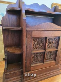 Antique Wooden Hanging Wall Cabinet With Carved Panels
