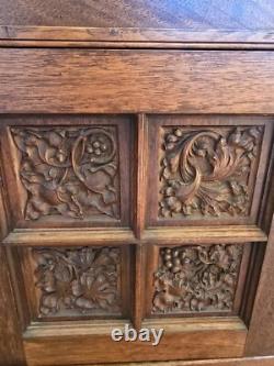 Antique Wooden Hanging Wall Cabinet With Carved Panels
