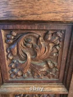 Antique Wooden Hanging Wall Cabinet With Carved Panels