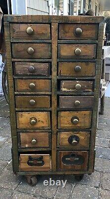 Antique Wooden Industrial Cabinet Hardware Tools Parts Smalls 36x17x10