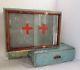 Antique Wooden Medicine Apothecary Wall Cabinet Chest Cupboard Blue Chippy Paint