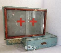 Antique Wooden Medicine Apothecary Wall Cabinet Chest Cupboard blue chippy paint