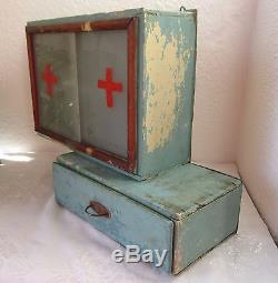 Antique Wooden Medicine Apothecary Wall Cabinet Chest Cupboard blue chippy paint