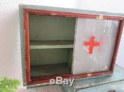 Antique Wooden Medicine Apothecary Wall Cabinet Chest Cupboard blue chippy paint