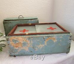 Antique Wooden Medicine Apothecary Wall Cabinet Chest Cupboard blue chippy paint