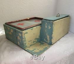 Antique Wooden Medicine Apothecary Wall Cabinet Chest Cupboard blue chippy paint