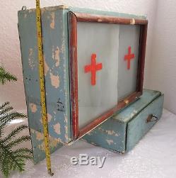 Antique Wooden Medicine Apothecary Wall Cabinet Chest Cupboard blue chippy paint