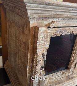 Antique Wooden White Washed Side Table Cabinet Humidor Rustic Decor