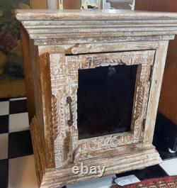 Antique Wooden White Washed Side Table Cabinet Humidor Rustic Decor