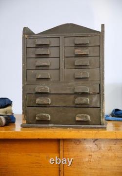 Antique apothecary cabinet wood drawer tool box watchmaker typeset Vintage green
