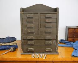 Antique apothecary cabinet wood drawer tool box watchmaker typeset Vintage green