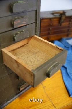 Antique apothecary cabinet wood drawer tool box watchmaker typeset Vintage green