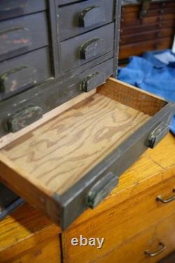 Antique apothecary cabinet wood drawer tool box watchmaker typeset Vintage green