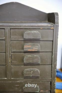 Antique apothecary cabinet wood drawer tool box watchmaker typeset Vintage green