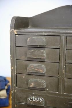 Antique apothecary cabinet wood drawer tool box watchmaker typeset Vintage green