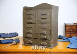 Antique apothecary cabinet wood drawer tool box watchmaker typeset Vintage green